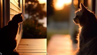 Two images generated by Bing Image Creator of an orange cat looking outward from the front porch of a home. 