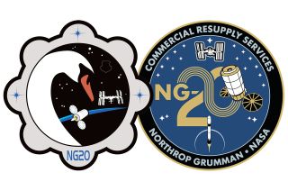 two circular mission patches, one showing a swan's head with earth in the background and the other showing illustrations of the international space station and northrop grumman's cygnus spacecraft.