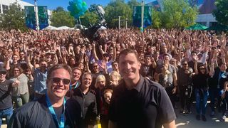 Phil Spencer and Mike Ybarra with Activision Blizzard staff