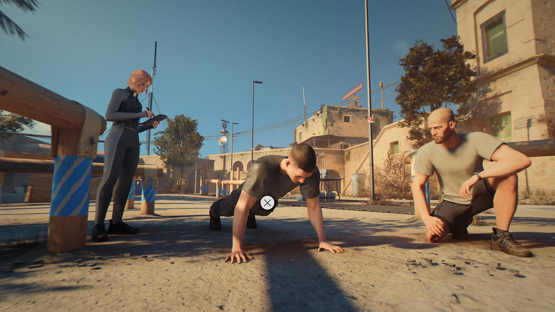 A screengrab from 007 First Light of James Bond doing pushups in a training ground