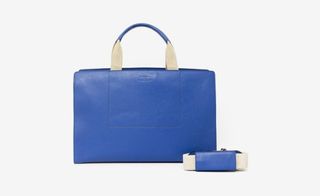'Superbag' by Pauline Deltour for Discipline. A blue bag with a white handle.