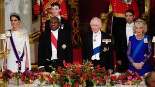 Catherine, Princess of Wales, President Cyril Ramaphosa of South Africa, King Charles III and Camilla, Queen Consort during the State Banquet