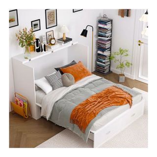 white wood murphy bed with white, grey and orange bedding