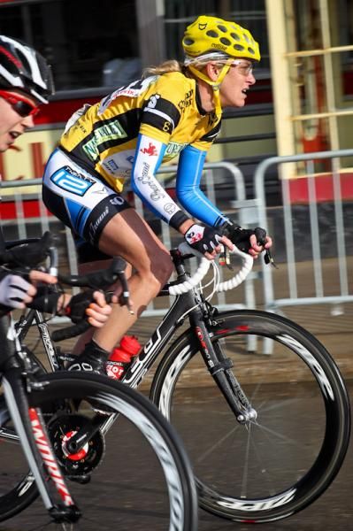 Kristin Armstrong (Peanut Butter &amp; Co) staying safe during the wet crit.
