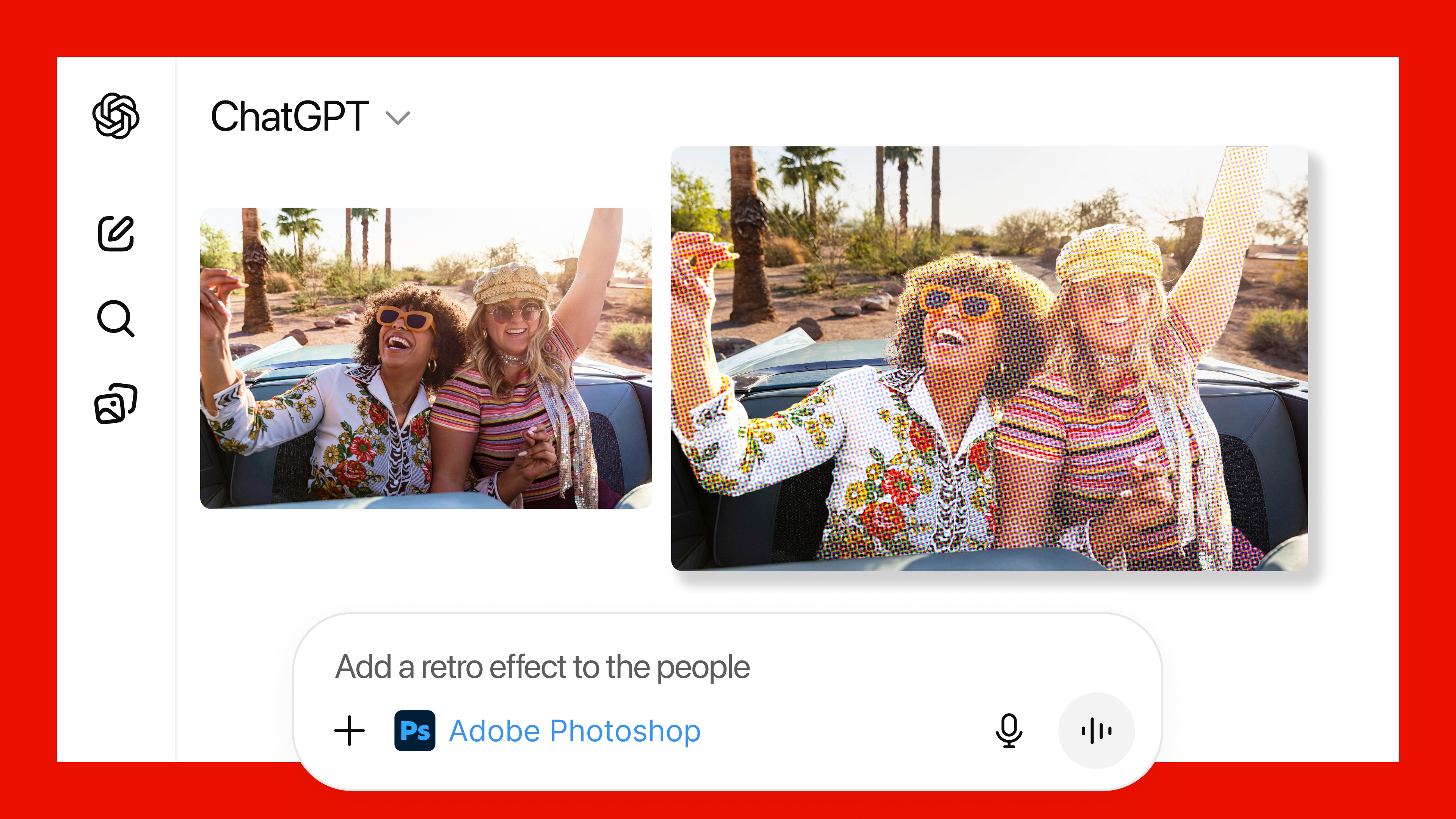 A screenshot of using Photoshop inside ChatGPT to add effects to the people in an image