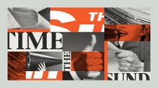 Photo composite of newspaper logos, a person reading a newspaper, a thumbs up and a megaphone