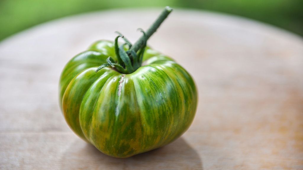 fresh green streaked tomato up close 