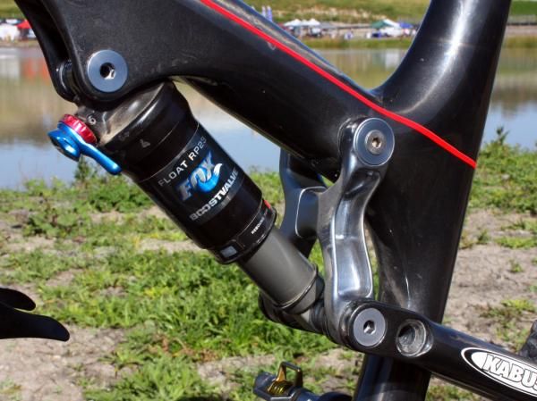 An aluminum linkage drives the Fox Racing Shox RP23 rear shock.
