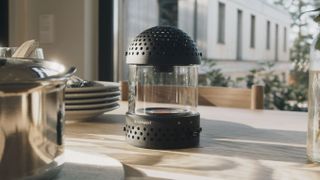 the transparent light speaker on a kitchen counter