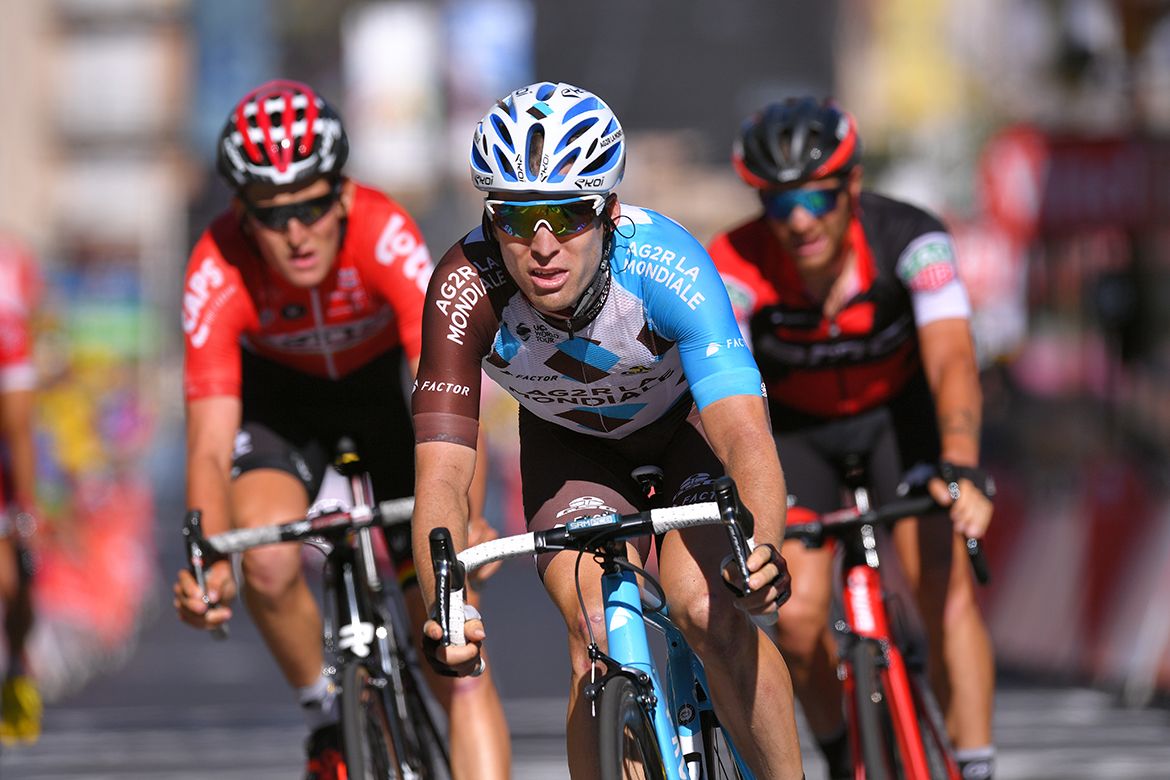Jan Bakelants arrives at the finish line of the Tour's 15th stage.