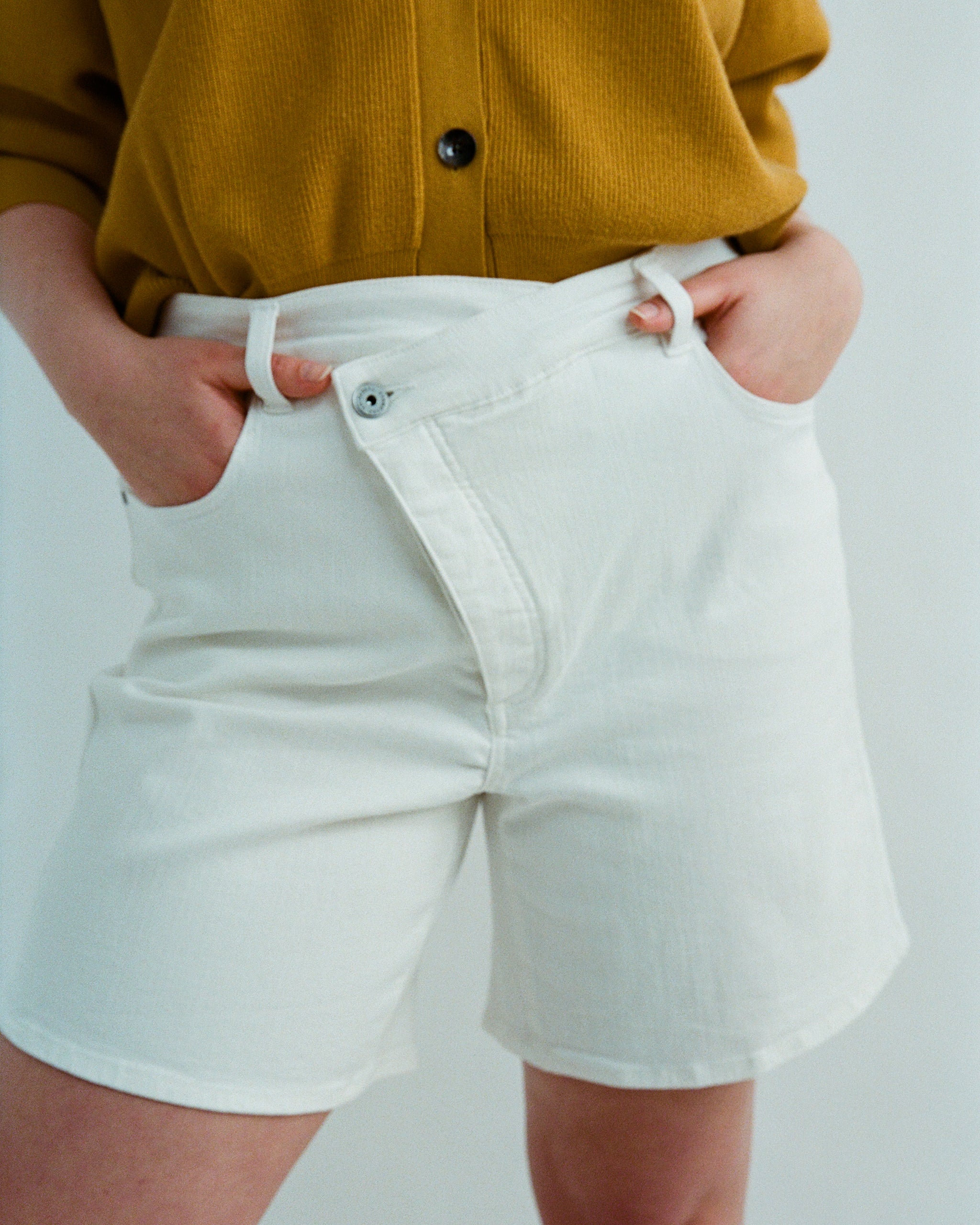 Katie High Rise Crossover Denim Shorts - White