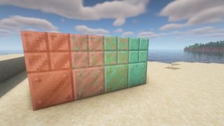 Minecraft copper - the various blocks of copper shown oxidizing in Minecraft