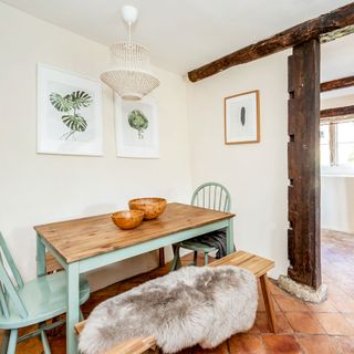kitchen with wooden bench with sheepskin rug