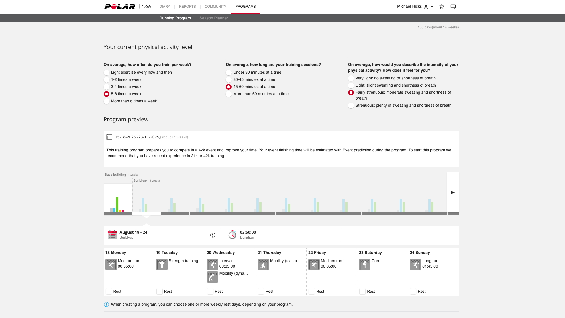 The Polar Running Program web page showing an algorithmically generated marathon training plan, with set weekly running and cross-training workouts for 14 weeks.