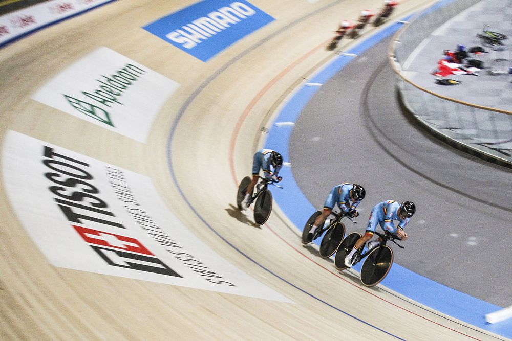 Belgian team competes in the Men's Team Pursuit as part of the UCI Track World Cup at Omnisport Apeldoorn on November 11, 2016 in Apeldoorn, Netherlands