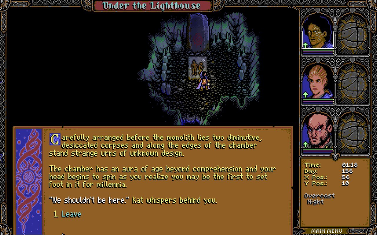 Skald exploration showing a character interacting with two corpses in a hidden room in a cave.