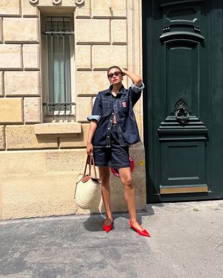 Denim top and shorts with red shoes