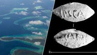 Aerial view photograph of small islands in the Solomon Islands. - A photo of two angles of an inscribed sling bullet found in Spain in 2019.
