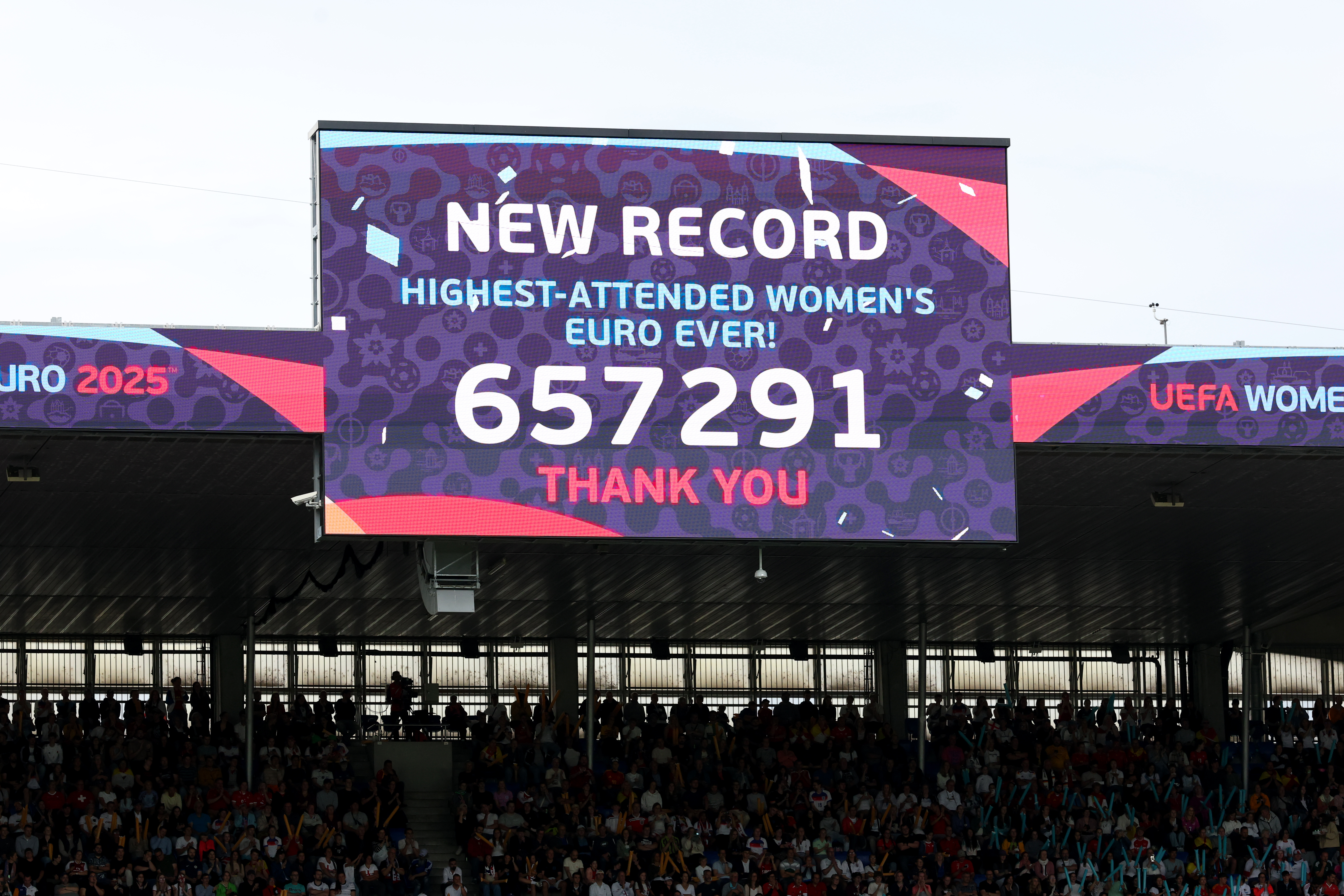 The LED board shows the new record as "657,291" for the highest-attended Women's EURO ever during the UEFA Women's EURO 2025 Final match between England and Spain at St. Jakob-Park on July 27, 2025 in Basel, Switzerland.