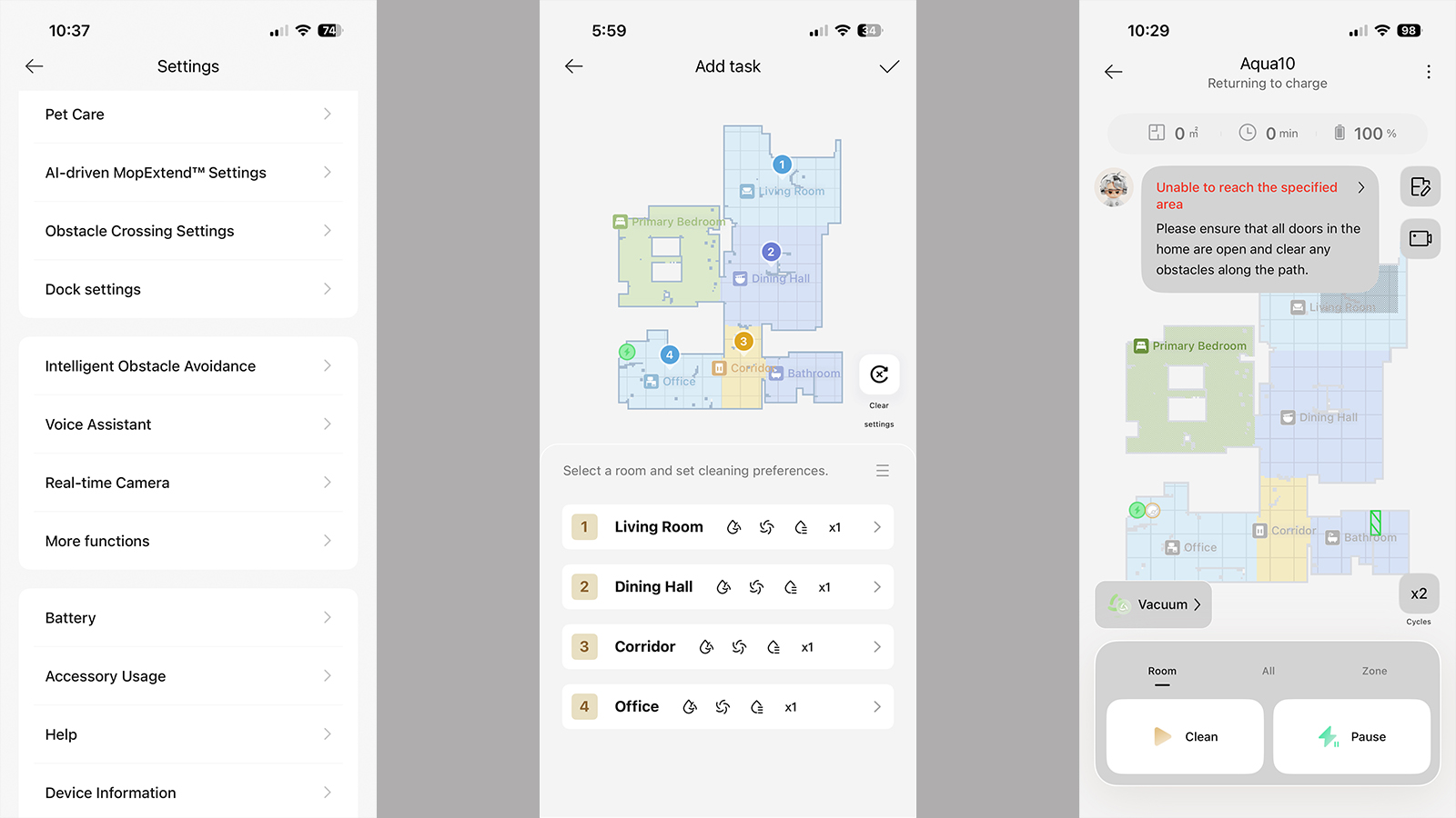 Screenshots from the Dreame app for the Aqua10 Ultra robot vacuum
