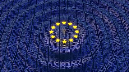 European Union (EU) concept image showing flag on a digitized background with ripples flowing out from 12 stars.