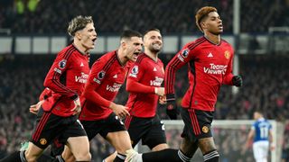 Marcus Rashford of Manchester United runs up the pitch with his teammates ahead of the Man Utd vs Bournemouth live stream 