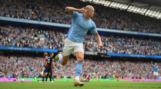 Erling Haaland celebrates scoring for Manchester City against Crystal Palace.