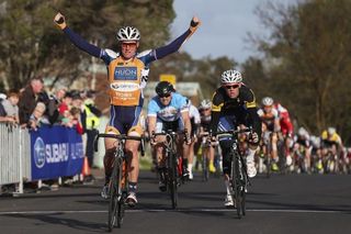 Anthony Giacoppo (Huon-Genesys) claims stage 4 of the Tour of the Great South Coast ahead of Alex Edmondson (Euride) and Shannon Johnson (CharterMason Drapac)