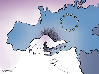 Political Cartoon World European Union Italy populism Five Star Movement boot