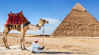 Bedouin using a laptop next to a camel and pyramid