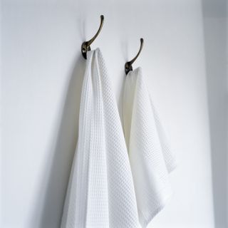 white bath towels on brass hooks and a white wall