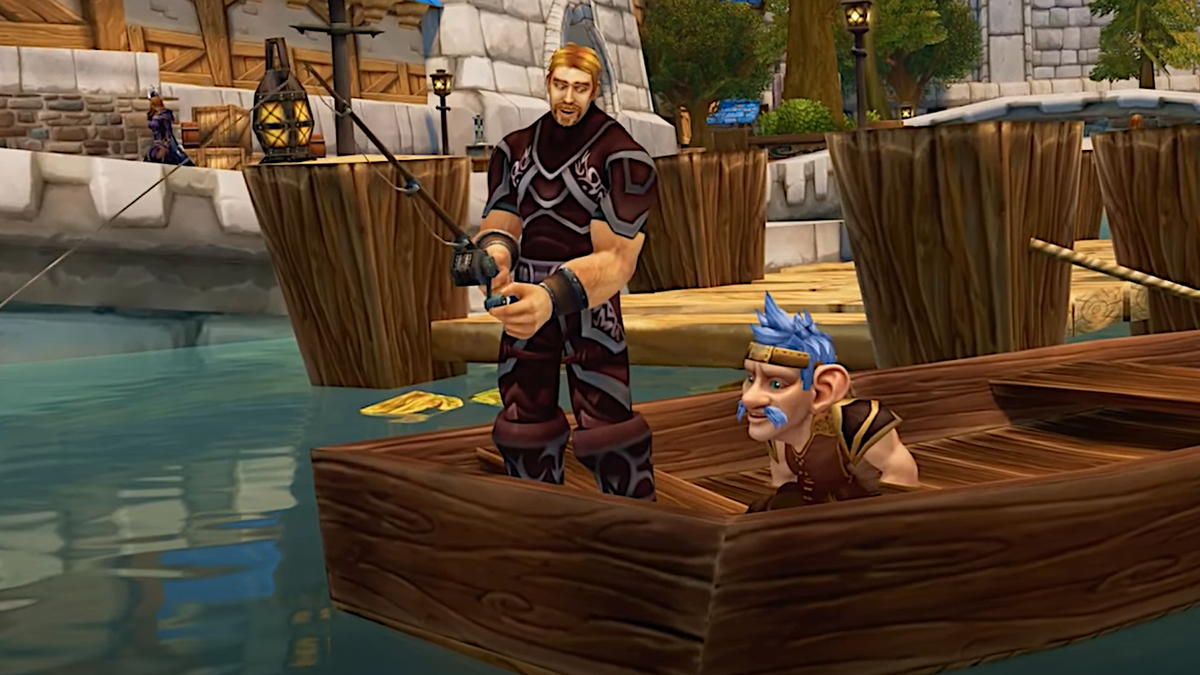 Ibelin speaks with a friend while fishing in World of Warcraft&#039;s Stormwind City canals.