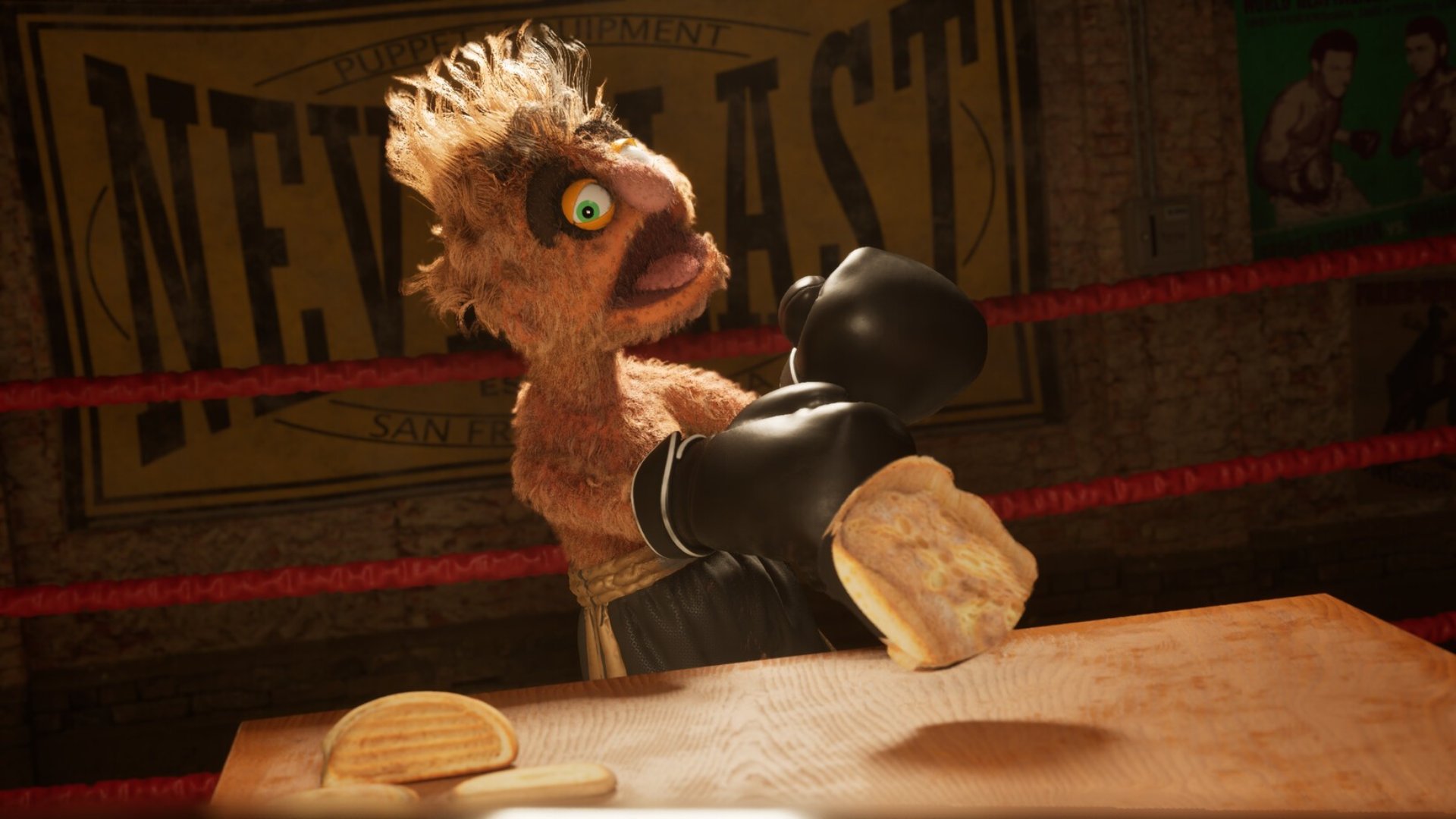 Felt That: Boxing screenshot of puppet protagonist Fuzz-E training in the ring