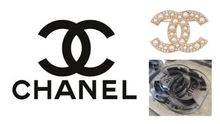 Chanel logo next to pearl brooch using the logo shape, and impression of the Chanel logo for leather embossing