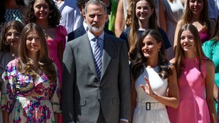 Crown Princess Leonor of Spain, King Felipe VI of Spain, Queen Letizia of Spain and Princess Sofia of Spain receive the Board of Directors of the Spanish Committee of the United World Schools Foundation, Sponsors of Scholarships and Students at the Zarzuela Palace on July 14, 2023 in Madrid, Spain.