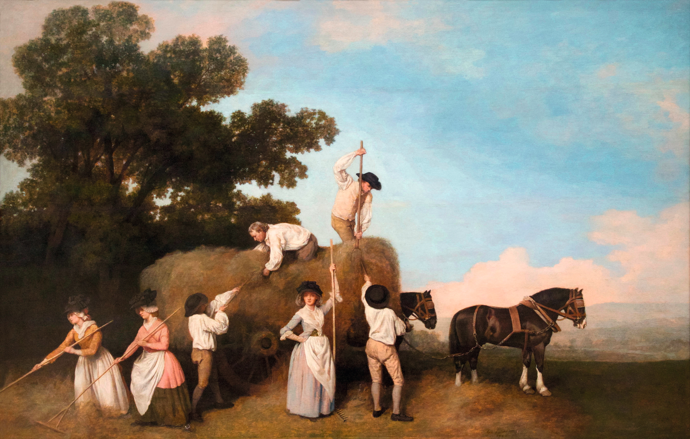 Haymakers, George Stubbs, 1785, England, UK. A group of men and women are depicted loading hay on to a cart pulled by two horses.