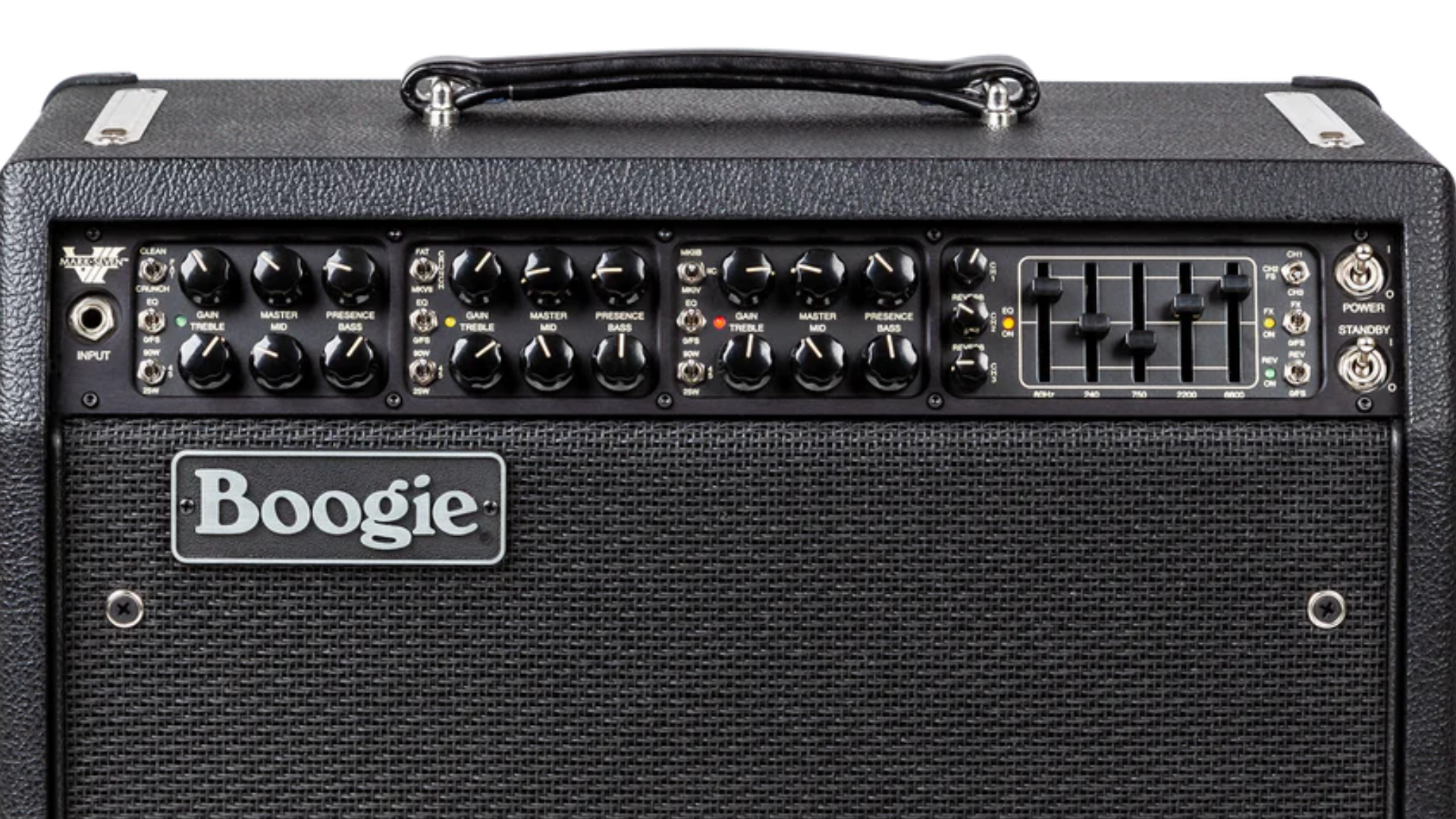 Close up of the front panel on the Mesa/Boogie Mark VII 1x12 Combo tube amp