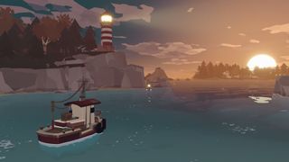 Best indie games; a small boat leaves a port, passing a lighthouse, there's a sunset