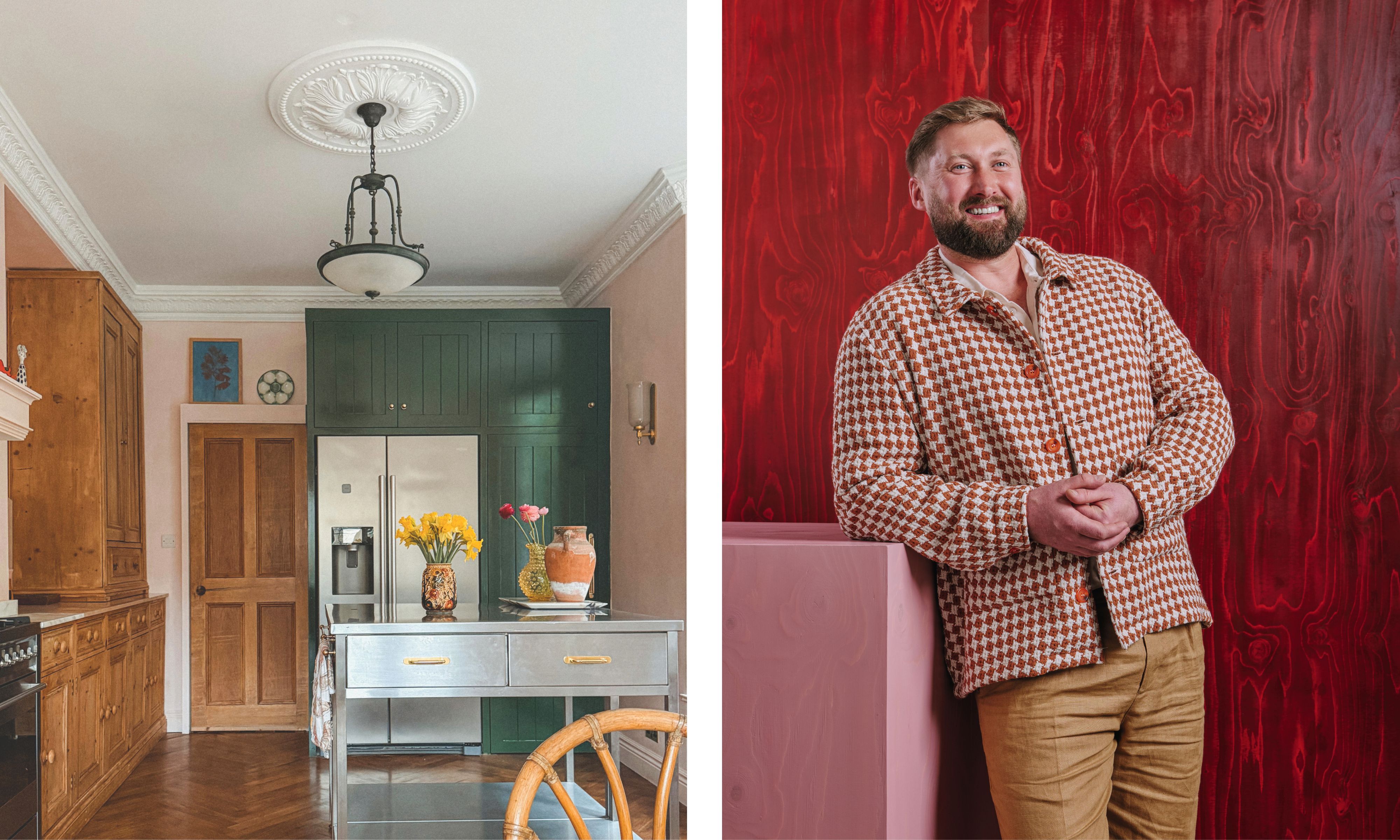 Diptych: A kitchen with green cabinetry and a metal island beside a portrait of designer Andy Hamilton in a patterned jacket against a red wood-grain wall.