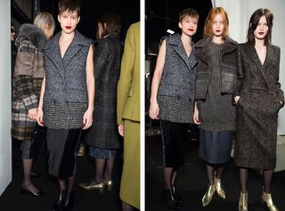 Female models dressed in the Max Mara A/W 2014 backstage of the fashion show