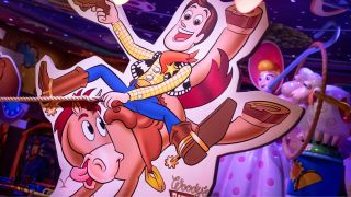 A cutout of Woody riding Bullseye at the Roundup Rodeo BBQ.