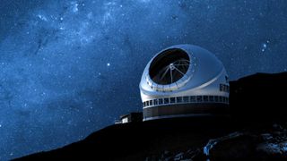 An artist's impression of a large metal dome structure under the night sky.