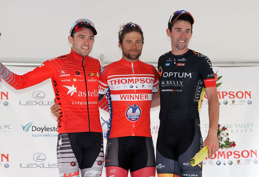 Mens podium: 2nd place, Braden Feemary (Astellas CyclingTeam) 1st place, Eric Marcotte (Team SmartStop) 3rd place, Eric Young (Optum p/b Kelly Benefit Strategies)