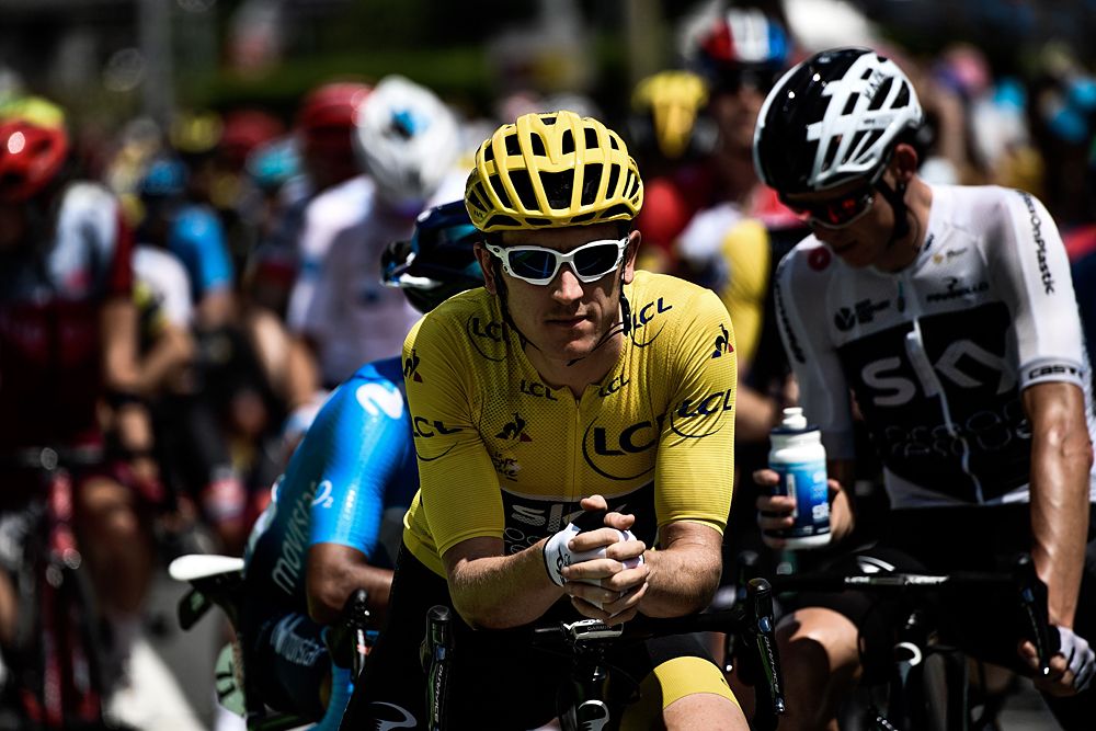 Yellow jersey Geraint Thomas (Team Sky) waits for the start of stage 17