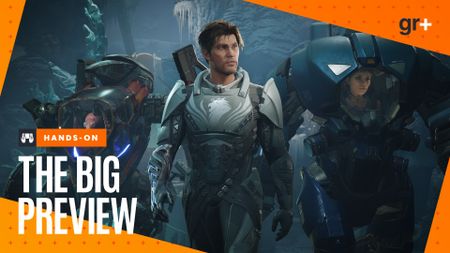 Exodus screenshot of characters with Big Preview branding template