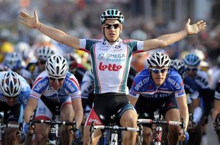 Great Britain's Adam Blythe (Omega Pharma-Lotto) celebrates his race victory.