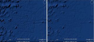 The updated version of Google Ocean corrects the gridlike structure (left) that were once thought to be evidence of the lost city of Atlantis. The image on the right shows a new map based on sonar corrected in one cruise.