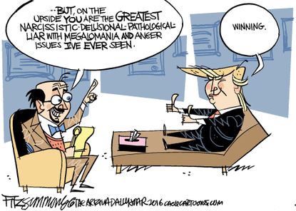 Political cartoon U.S. Donald Trump therapist winning narcissism