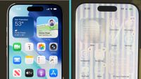 Photos of an iPhone showing a UI layout and theme presented by Apple against a 16-year-old users modified layout with transparent app icons on a blue and white stripe background