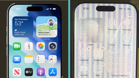 Photos of an iPhone showing a UI layout and theme presented by Apple against a 16-year-old users modified layout with transparent app icons on a blue and white stripe background 